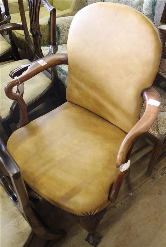 Mahogany leather upholstered open armchair with shepherd crook arms A/F